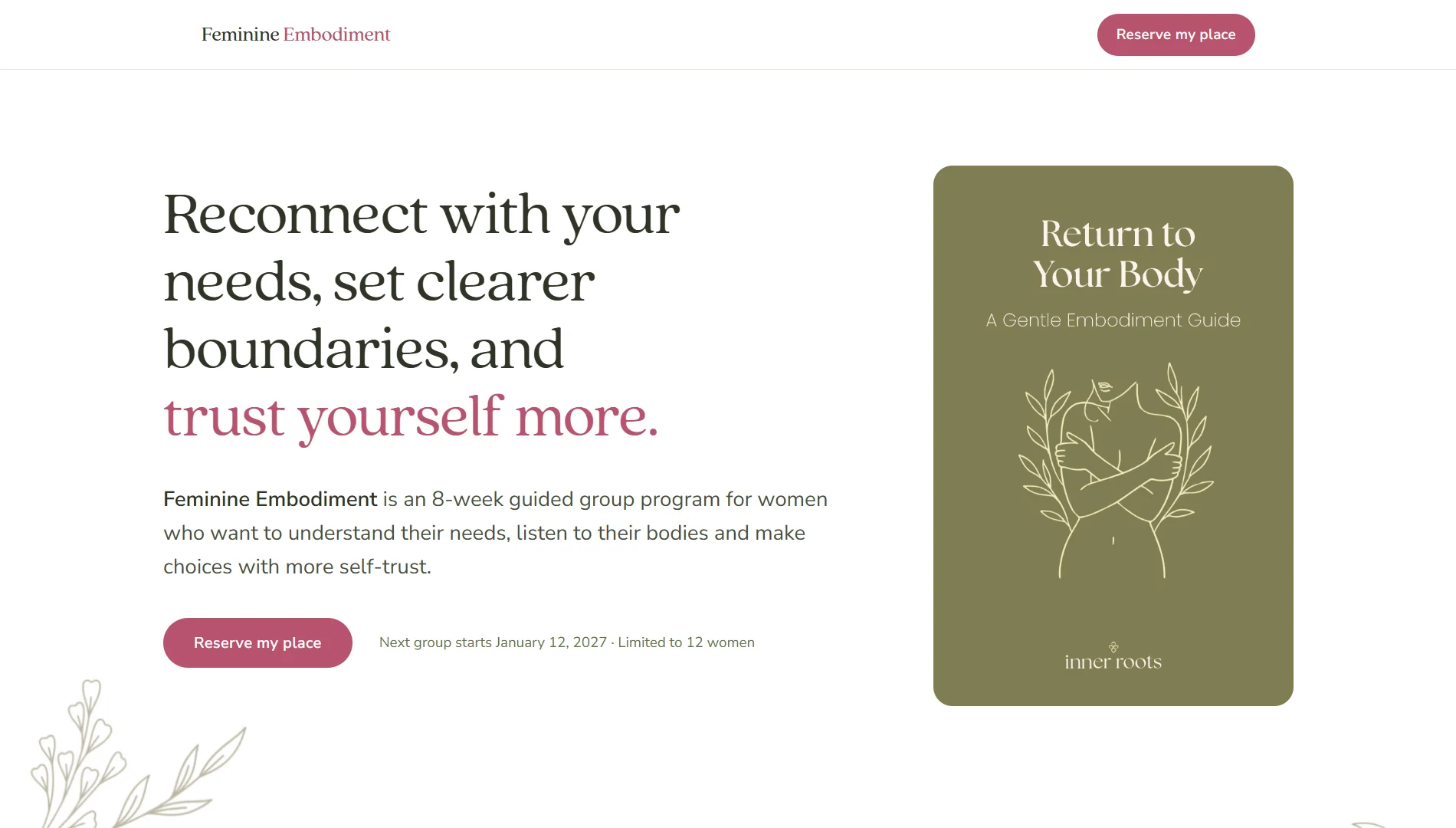 Screenshot of the Feminine Embodiment sales page for an 8-week women's group program